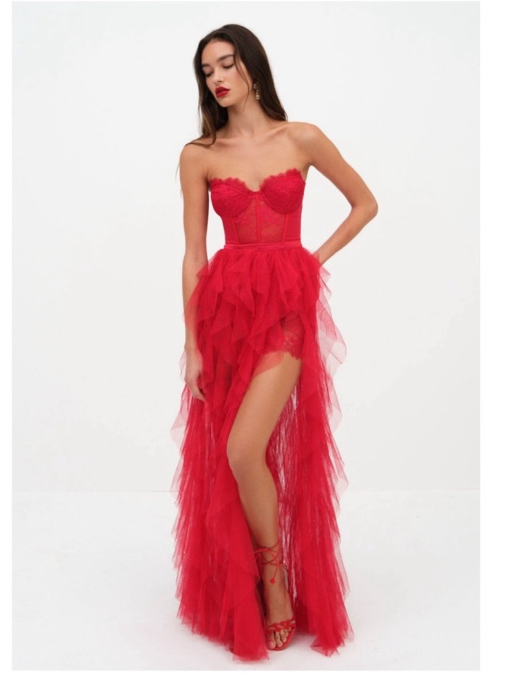For Love & Lemons Bustier Gown Red Tulle Corset Maxi Dress